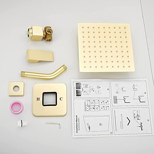 Brushed Gold Shower Faucet GGStudy Single Function Shower Trim Kit with Rough-in Valve Shower Set Bath Rainfall Shower Faucet System 8inch Square Stainless Steel Metal Shower Head - color: Brushed Gold, style: Square