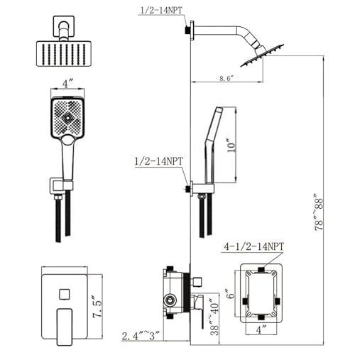 Shower System Modern Rain 8 inches Brass Faucet Set With Valve and Diverter Shower Mixer With Handheld High Pressure Square Rainfall Shower Valve (8'' Wall Mount, Matte Black) - color: Matte Black, style: 8'' Wall Mount