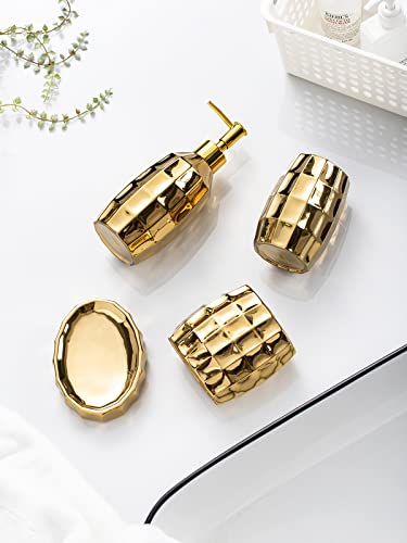 Bathroom Accessories Set, Golden Mosaic Ceramic Bathroom Accessory Sets Include Lotion Dispenser, Toothbrush Holder Tumbler, and Soap Dish - color: Gold 014