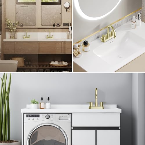 Brushed Gold Bathroom Faucet with Pull Out Sprayer, Dual-Function Spout Gold Bathroom Sink Faucets, 4 Inch Two Handle Utility Sink Faucet with Sprayer 3 Hole, Easy Pet Shower, RVs - color: Gold