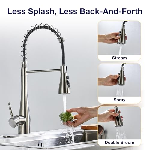 Kitchen Faucet with Soap Dispenser, Single Handle Stainless Steel Transitional Sink Faucet with Pull Down Sprayer 1 or 3 Hole, Suitable for Farmhouse Laundry Camper RV Bar, Brushed Nickel - color: Brushed Nickel, style: Modern(with Soap Dispenser)