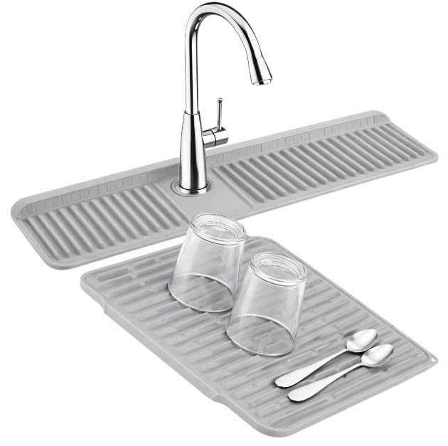 Silicone Faucet Splash Guard Mat Set, Sink Water Catcher Tray, Dish Drying Mat for Kitchen Counter, Absorbent, Non-Slip, Easy Clean. Kitchen Sink Splash . - color: Mix Gray