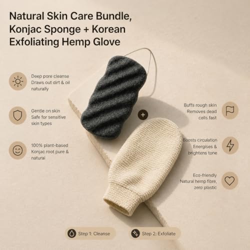 Korean Exfoliating Hemp Glove & Konjac Body Sponge Set. Deep Exfoliating Soft Body Scrubber Glove & Konjac Body Sponge, Dead Skin Remover for Keratosis Pilaris, 100% Vegan