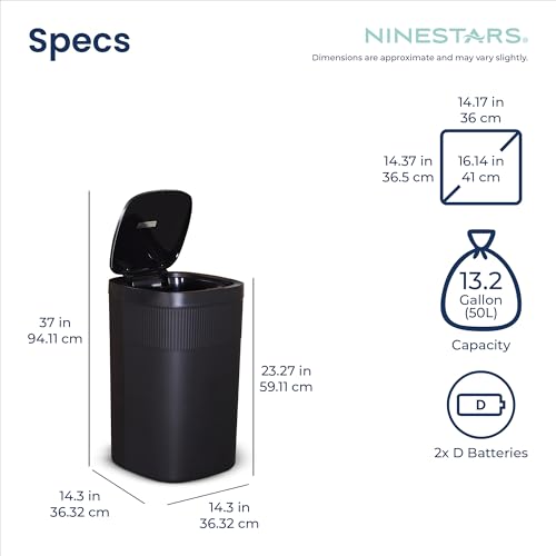 Ninestars 13.2 Gallon Automatic Trash Can, 50L + 12L Touchless Motion Sensor Garbage Can Set of 2 with Soft Close Lid, Liner Ring, Fingerprint Resistant Stainless Steel Kitchen and Bathroom, Black