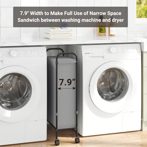 ELYKEN Slim Laundry Hamper with Lid & Wheels, 50L Rolling Laundry Basket | 7.9" Narrow Design, 50L, Removable Liner Bag, Lockable Wheels, Space Saving Clothes Hamper for Bathroom, Bedroom, Closet - style: Grey-50L