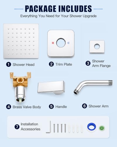 Heyalan 6 Inch Square Rain Shower Faucet Set with Valve, Polished Chrome | Female-thread 1/2-inch NPT connections, SUS304 shower head, brass rough-in valve, single-handle control Shower Set - color: Chrome, size: 6 Inch Square Shower Head