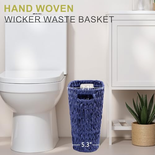 XLHOMO Navy Blue Bathroom Accessories Set with Wicker Trash Can Shower Curtain and Rugs,Bathroom Sets Small Waste Basket Bathroom Trash Can for Bedroom Bathroom - size: Wicker Bathroom Set+Shower Curtain+Bath Rugs, style: Navy Blue
