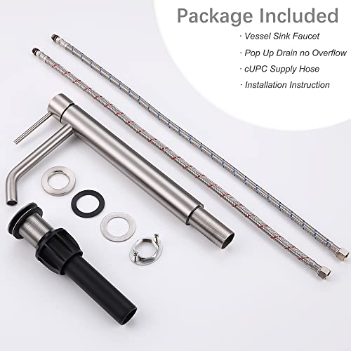 Vessel Sink Faucet Brushed Nickel, JXMMP Bathroom Sink Faucets Without Overflow Pop Up Drain and Water Faucet Supply Lines, Stainless Steel SpotShield Bathroom Faucet for Sink 1 Hole, JXM1001BN - color: Brushed Nickel, size: Tall Faucet