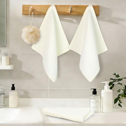 Cleanbear Cotton Washcloths 6 Pack, 13x13 Cream Waffle Weave Cozy Bathroom | Soft Absorbent Quick Dry Wash Cloths for Natural Home Farmhouse Bathroom Guest Room Everyday Care - color: Cream
