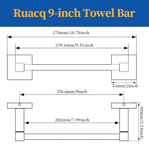 RUACQ Towel Bar, 9" Towel Racks for Bathroom Wall Mounted, Matte Black | Hand Towel Holder, Total Length 10.8 Inch Single Towel Rod, 304 Stainless Steel, Rustproof, Square Base, Heavy Duty, Modern - color: Matte Black, size: 9 inch(Center to Center) Singl
