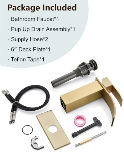 Midanya Waterfall Bathroom Faucet 1 Hole,Brushed Gold | with 24” Hoses,Pop Up Drain,6” Deck Plate,for 1 or 3 Hole Vanity,Lavatory,RV,Single Handle Bathroom Sink Faucet,NSF Certified - color: Light Gold