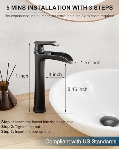 Waterfall Bathroom Sink Faucet, Brass Tall Black Bathroom Faucet Single Handle Vessel Faucet, Bathroom Faucets One Hole Mixer Bowl Tap with Pop-Up Drain Water Hoses for Vanity Lavatory Farmhouse - color: Matte Black