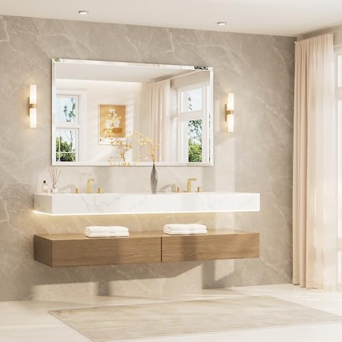 TETOTE 60" x 36" Rectangle Tempered Mirror with Frameless Beveled Edge for Vanity and Bathroom - size: 36"L x 60"W