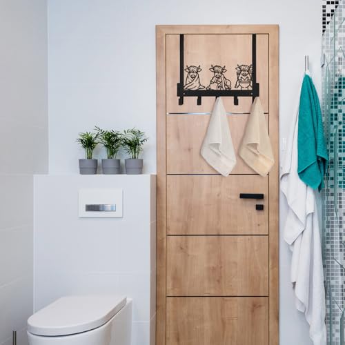 Kathfly Bathroom Highland Cow Over the Door Hooks Towel Hooks Heavy Duty Hanging Towel Rack Over Door Hanger, 5 Coat Hanger for Bedroom Bathroom Kitchen - color: Black, style: Bathroom Highland Cow