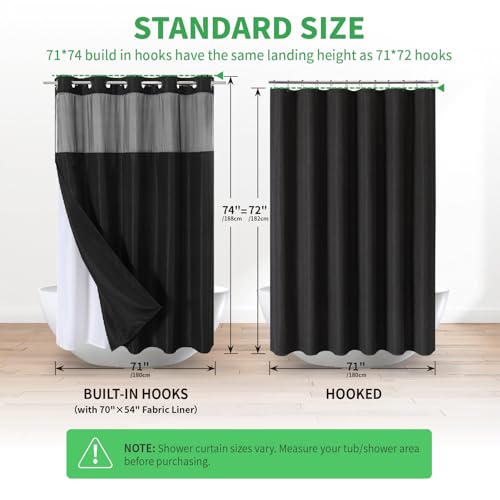 eachope No Hooks Needed Linen Textured Shower Curtain with Snap-in Fabric Liner Set,Black Hotel Luxury Decor Shower Curtains for Bathroom with Mesh Top Window,Waterproof & Washable,71Wx74H | 230GSM Thick Fabric,Hotel Luxury Decor,Mesh Top Window,Waterproo