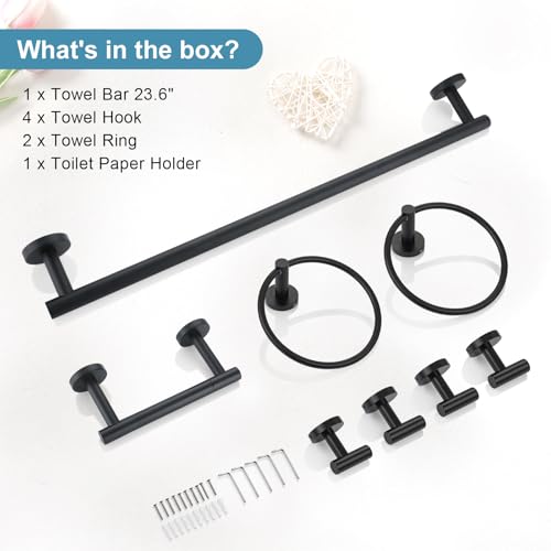 TQKAG 8-Pieces Bathroom Hardware Set Matte Black SUS304 Stainless Steel Bath Towel Bar Set 23.6 Inch Round Bathroom Accessories Kit Wall Mounted - color: Matte Black, size: 8-Pieces Set