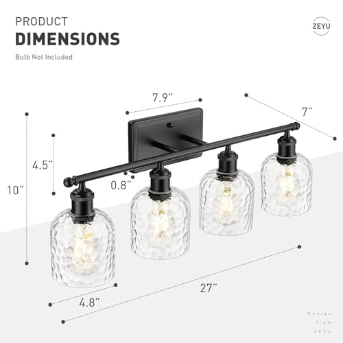 zeyu 27'' Black Vanity Light for Bathroom, 4-Light Wall Mount Vanity Light Fixture, Black Finish with Clear Hammered Glass, ZJF63B-4W BK - color: Black|Hammered Glass, size: 4-Light