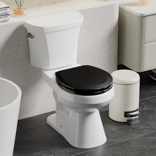 Angol Shiold Slow Close Wood Toilet Seat(Black, Round 16.5'') | Durable enameled wood round toilet seat, adjustable non-slip hinges, anti-pinch bumpers, easy to install and clean