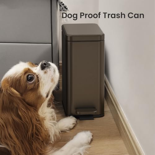 Cesun 2.6 Gallons Small Bathroom Trash Can with Lid Soft Close, Brown | Removable Inner Bucket, Small Stainless Steel Garbage Can for Bedroom/Office, Hands-Free Step Pedal, Fingerprint-Resistant - color: Brown