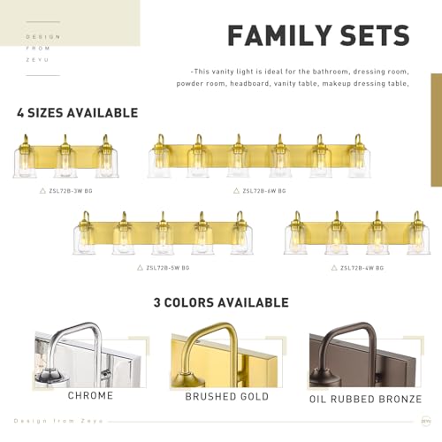 zeyu Brushed Gold 44-Inch 6-Light Vanity Lights for Bathroom, ZSL72B-6W BG | Brushed Gold Bathroom Lighting, Hardware Included, Up/Down Mount, Clear Glass, Hardwired, 6 E26 Bulbs Up To 60W Each - color: Gold, size: 6-Light