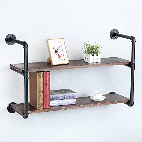 Industrial Pipe Shelves With Wood Planks,Rustic Pipe Shelving Wall Shelf | Metal Pipe Solid Pine Wood,Easy to Assemble,Wooden Board Thickness 0.78 In,For Bar Farmhouse Kitchen Office Bathroom,Bedroom - color: 2-layer, size: 36in
