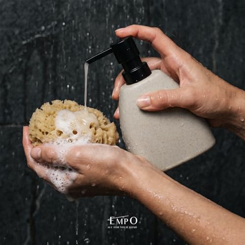 EMPO Ceramic Hand Soap Dispenser with Matte Black Pump, Stone-Textured Wabi-Sabi Liquid Dispenser for Bathroom Vanity and Kitchen Sink (360ml) - size: 360ml