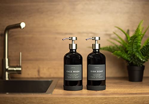 Hand and Dish Soap Dispenser for Kitchen and Bathroom, Set of 2 16 Oz Glass Bottles, Stainless Steel Pumps, Non-Slip Silicone Base, 27 Waterproof Labels (Gloss Black Bottle/Brushed Silver Pump) - color: Gloss Black Bottle / Brushed Silver Pump