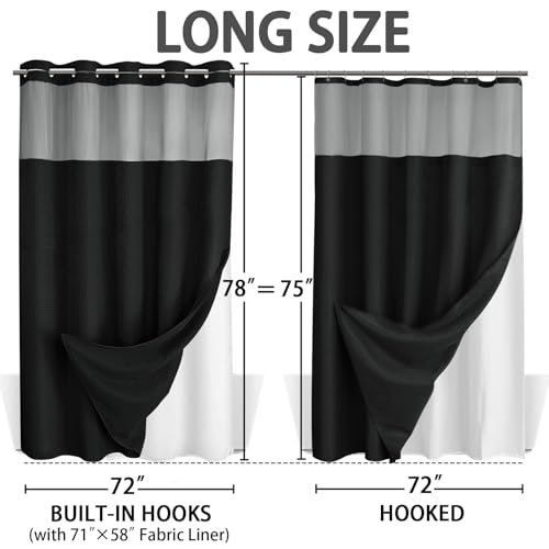 No Hook Shower Curtain with Liner Set Hotel Waffle Curtain Black 72W X 78L | Washable Snap in Fabric Liner, Mesh Top Window, Waffle Hotel Style Shower Curtain Set - color: Black, size: 72"W x 78"L