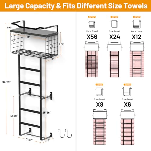 Towel Racks for Bathroom Black, 34IN Rolled Towel Holder, Towel Rack Wall Mounted with 2 Pack Shelf and a Wire Basket, Bathroom Towel Storage and Organizer, Sturdy Metal & Wood - color: All Black