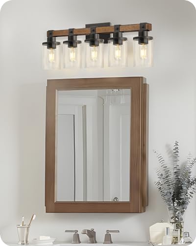 5-Light Bathroom Light Fixture, Farmhouse Vanity Lights for Bathroom with Glass Shade, Rustic Bathroom Light Fixtures, E26 Base F10BD05W1 - size: 5-Light