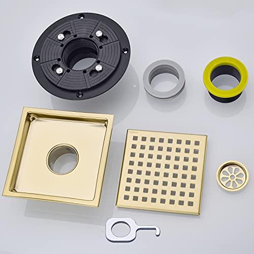 6 Inch Square Shower Floor Drain Brushed Brass with Flange,SUS304 Stainless Steel Gold Shower Drain Cover with Quadrato Pattern Grate Removable Hair Strainer,98738BG6-S. - color: Brushed Gold(set)