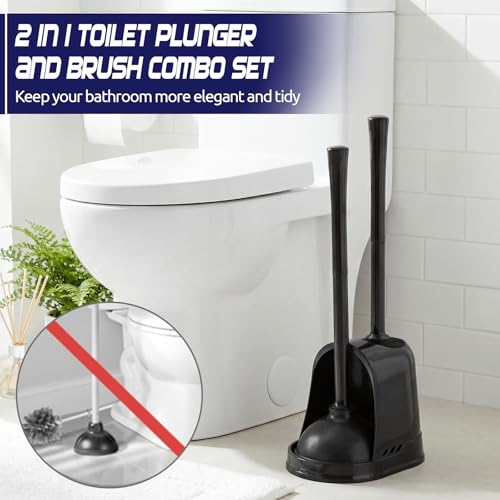 Reallnaive 4 Set Toilet Plunger and Brush Set with Ventilated Holder 2 in 1 Toilet Bowl Brush and Heavy Duty Plunger Combo Bathroom Cleaning Kit for Home and Commercial Bathrooms Drainage(Black) - color: Black