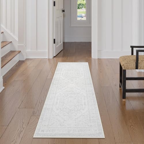 Uphome Boho Kitchen Runner Rug, 2x5 Washable Hallway Runner Rugs Non Slip, Soft Modern Entryway Carpet Runners Low Pile, Non Shedding Rug Runner for Laundry Bedroom Bathroom, Ash White - color: Ash White, size: 2'x5'