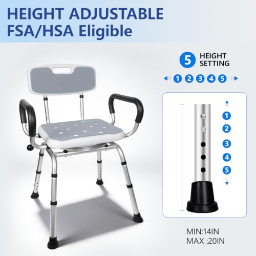 Swivel Shower Chair with Handle 500lbs Adjustable Arms & Back 360° Rotating | 360° Swivel, 5-Level Height Adjust, Non-Slip Feet, Tool-Free Assembly With Extra Suction Bath Grab Bar - size: Gray Set