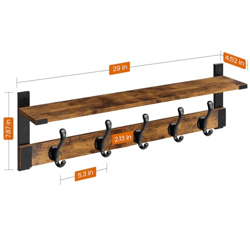 Homode Coat Rack Wall Mount, 29 Inch Long Shelf with Hooks, Wood Entryway Shelf with 5 Hangers for Hanging Hat Jacket Backpack Purse, Rustic Brown Black - color: Rustic Brown, size: 29 Inch Long