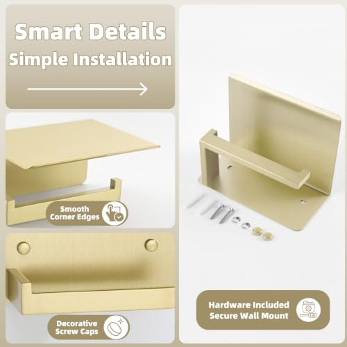 Brushed Gold Toilet Paper Holder with Shelf, 304 Stainless Steel Wall Mount Tissue Roll Holder for Bathroom - color: Brushed Gold, size: Single Rod