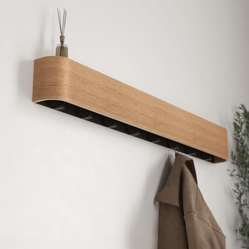 Kazai. Wall-Mounted Coat Rack 'Toke' - Modern Design Coat Rack with Hidden Wall Hooks - Solid Wood Veneer Panel Coat Hanger - Oak - color: Oak, size: 8 Hooks