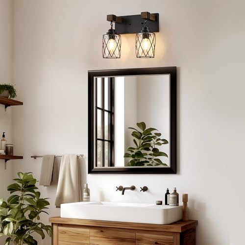 Bathroom Light Fixtures,Farmhouse Black Metal with Glass Shade | 2 Light Rustic Vanity Lights, Wood Accent Wire Cage Design, Mounts Over Mirror, Ideal for Bedroom & Hallway,Easy to Install - size: 2-Light