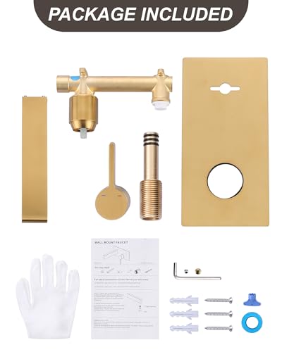 Wall Mount Bathroom Faucet, Single Handle Bathroom Sink Faucet | Gold Single Handle Wall Bathroom Vanity Faucet, Long Spout, Rough-in Brass Valve, Basin Faucet for Vessel Sink Lavatory