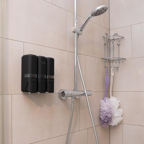Shower Shampoo Dispenser 3 Chamber No Drill Wall Mounted Matte Black | No-drill stick-on install | Lockable pump | Refillable 250ml x 3 | Soap body wash conditioner | Bathroom hotel