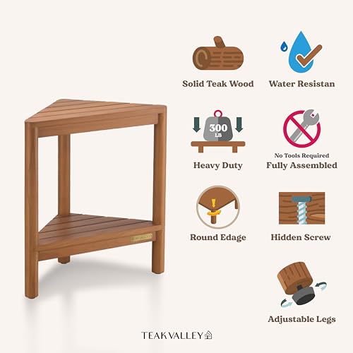 Fully Assembled Teak Corner Bath Shower Storage Stand, Bathroom Bench with Storage Shelf 18"