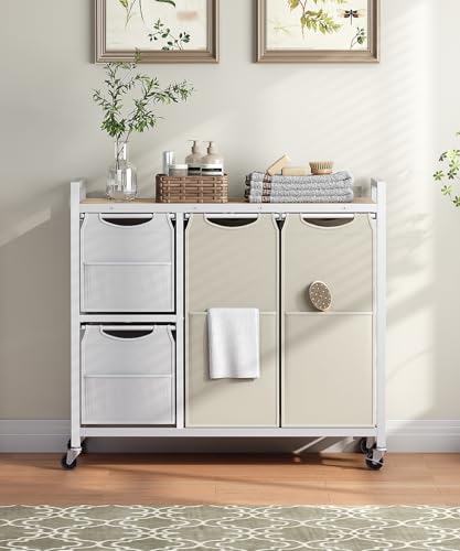 HOOBRO Laundry Sorter with 4 Section, 34 Gal. (127 L) Laundry Hamper with Wheels, Rolling Laundry Basket with Shelves, Pull-Out Detachable Bags, Side Pockets, White, Natural and Beige WNE14XY01N1 - color: White + Natural + Beige