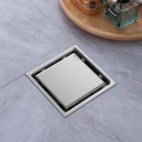 Hidden Brushed Square Shower Floor Drain, Silver 4 inch, 304 Stainless Steel, with Flange, Detachable Cover Embedded with Ceramic Tiles - color: Hidden Silver, size: 4 inch