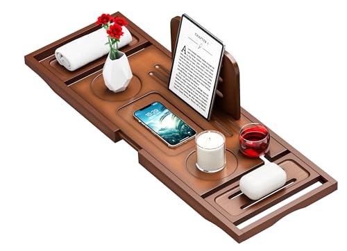 Bathtub Tray Caddy - Bath Tray - Bath Tub Tray Caddy - Bamboo Bath Table Tray for Tub - Expandable Size, Fits Most Tubs - color: Light Brown