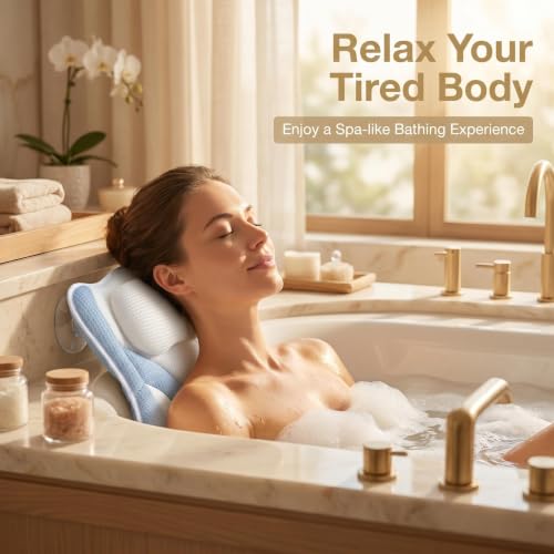 Bath Bathtub Pillow Spa Pillows for Tub 5D Mesh Suction Cups Head Neck Back Support Relaxing Bathing Lovers Gifts.(Blue White)