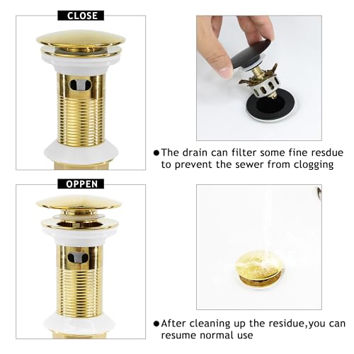 Bathroom Sink Drain, 2 Pack Gold Drain Stopper with Overflow,Pop Up Drain Assembly with Detachable Strainer Basket,Built-in Anti-Clogging Strainer,Stainless Steel - color: 2 Pack-gold-big Cap, style: With Overflow