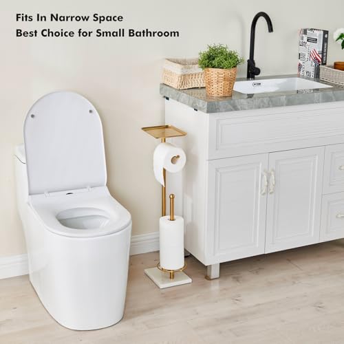 Toilet Paper Holder with Tray At the Top, Sturdy Marble Base No Wobby, Holding Extra 3 Toilet Paper Rolls As Spare Use, Freestanding No Drilling (Gold) - color: Gold