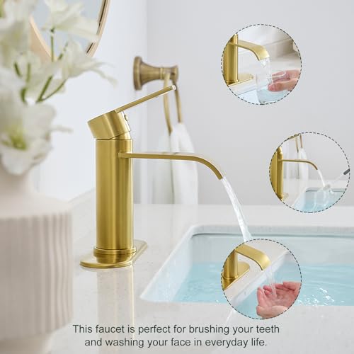 VOTON Waterfall Bathroom Faucet Brushed Gold, Single Handle 1 or 3 Hole Modern Sink Faucet with Deck Plate & Pop-Up Drain, RV Camper Vanity Washbasin Tap - color: Brushed Gold