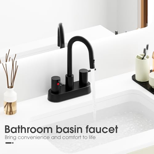 Stainless Steel Matte Black Bathroom Faucet with Pull Out Sprayer, Black Dual-Function Spout Bathroom Sink Faucet, 4 Inch Two Handle Utility Sink Faucet with Sprayer 3 Hole, Pet Shower, RVs - color: Matte Black