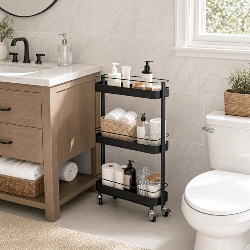 Rolling Storage Cart, 3 Tier Bathroom Organizer Mobile Shelving Unit, Metal Utility Cart Tower Rack for Kitchen Laundry Narrow Places(Fully Assembled Furniture, Black) - color: Black